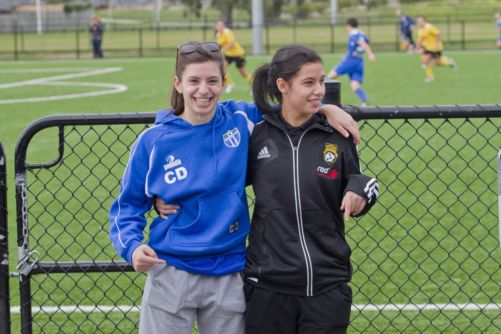 South Melbourne's Cassandra Dimovski and Bundoora's Stephanie Galea are all smiles before the game. Photo: Zee Ko