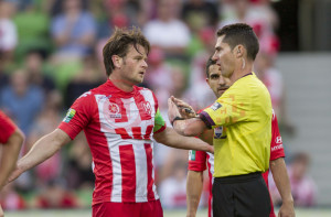 Heart captain Robbie Wielaert cannot believe the decisions going against his team. Photo: Live Pixel