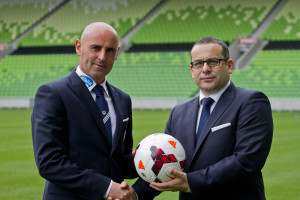 New Melbourne Victory head coach Kevin Muscat and club chairman Anthony Di Pietro. Photo: Zee Ko