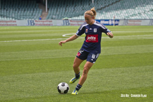 Swedish fullback Jessica Samuelsson prepares for kickoff with some warm up drills.