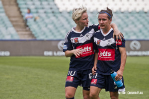 Jess Fishlock has some comforting words for Lisa De Vanna after the game.