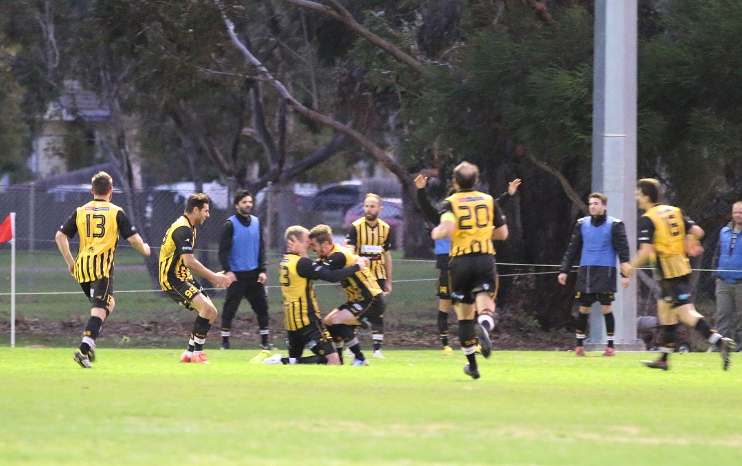 Thomas Brooks scores the winner for South Springvale directly from a corner. Image: Skip Fulton