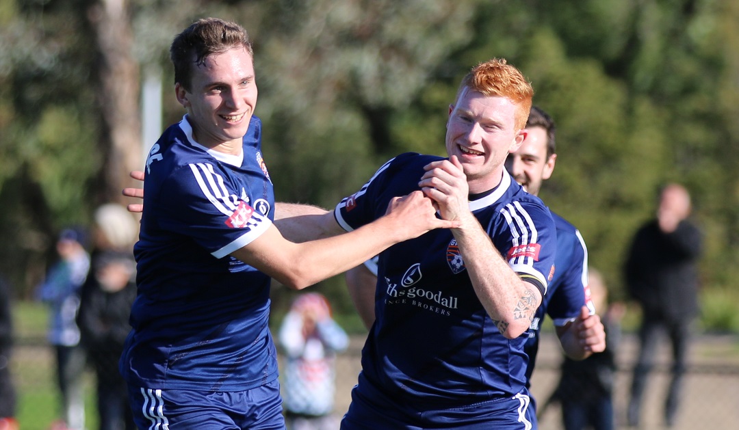 Matthew Lelliot and Sean Ellis celebrate Goulburn Valley's first goal in the FFA Cup match against Essendon Royals. Image: Skip Fulton