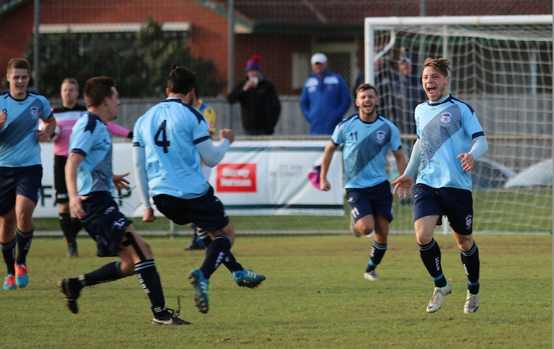 Bran Blumenthal celebrates his goal for Frankston Pines in their FFA Cup win over Avondale FC. Image: Skip Fulton